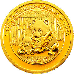 中国银行成立100周年熊猫加字金银纪念币1/4盎司圆形金质纪念币背面图案